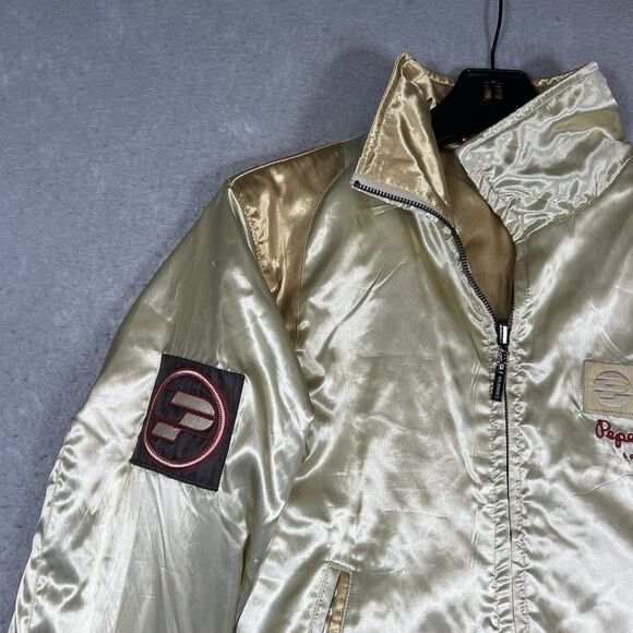 VTG Pepe Jeans London Bomber Varsity Jacket Reversible Gold Satin Women’s LARGE - Picture 7 of 15